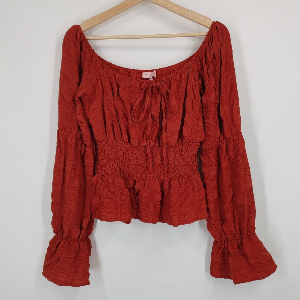 Rust Red Peasant Blouse with Smocked Waist